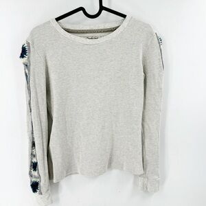✅‎ BOUNDLESS NORTH BOHO RIBBED CREW NECK EMBROIDERED SLEEVE TOP TAN SIZE SMALL